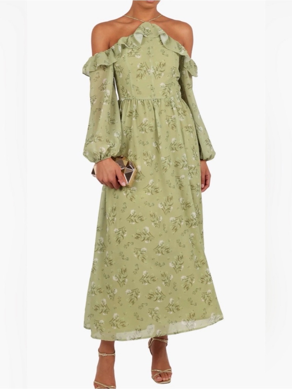 Petal & Pup Sage Green Floral Off-Shoulder Maxi Dress